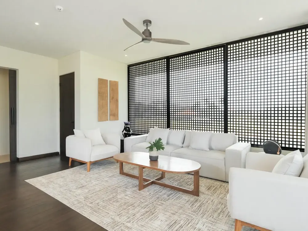 A bright, uncluttered villa living room