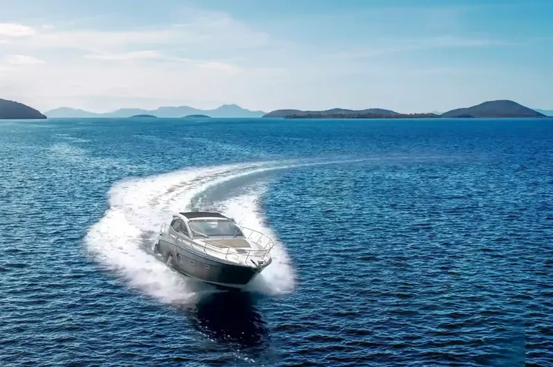 A speedboat crossing open water